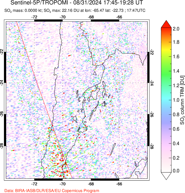 A sulfur dioxide image over Northern Chile on Aug 31, 2024.