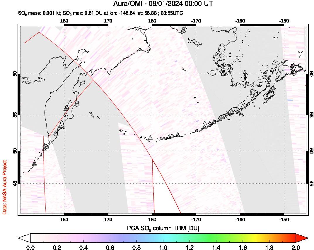 A sulfur dioxide image over North Pacific on Aug 01, 2024.