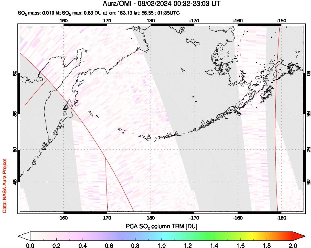 A sulfur dioxide image over North Pacific on Aug 02, 2024.