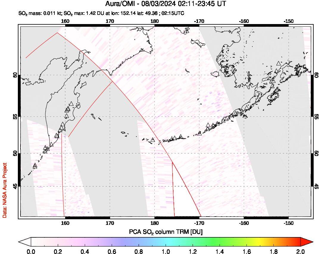 A sulfur dioxide image over North Pacific on Aug 03, 2024.