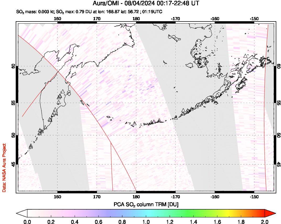 A sulfur dioxide image over North Pacific on Aug 04, 2024.