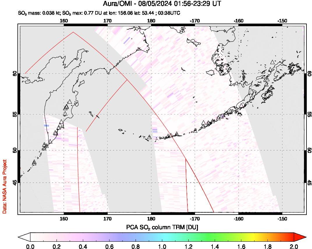 A sulfur dioxide image over North Pacific on Aug 05, 2024.