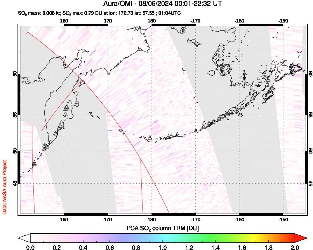 A sulfur dioxide image over North Pacific on Aug 06, 2024.