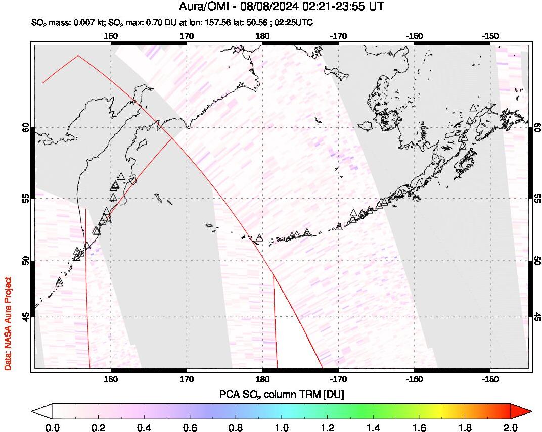 A sulfur dioxide image over North Pacific on Aug 08, 2024.