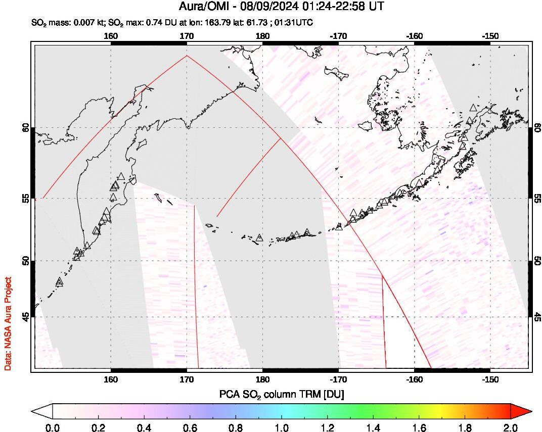 A sulfur dioxide image over North Pacific on Aug 09, 2024.