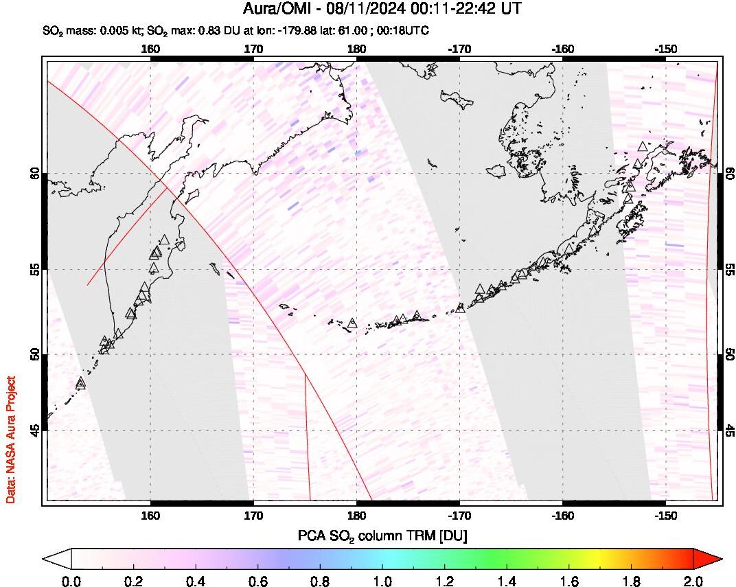 A sulfur dioxide image over North Pacific on Aug 11, 2024.