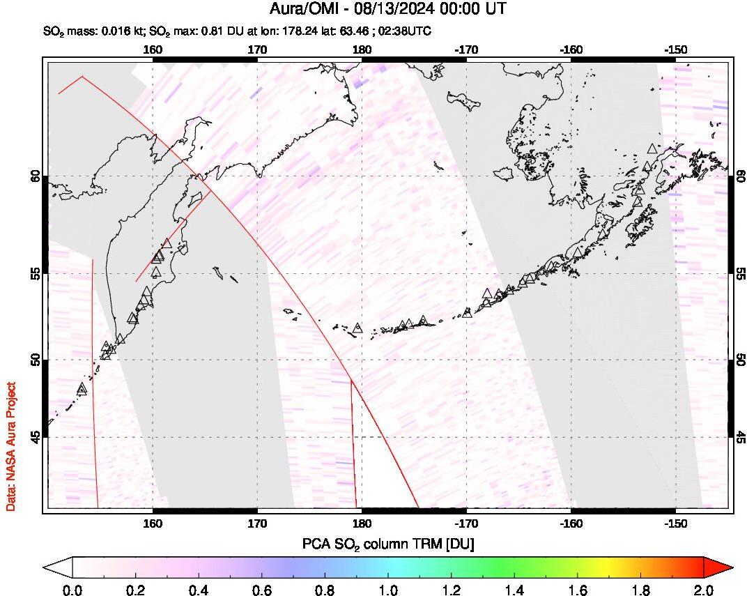 A sulfur dioxide image over North Pacific on Aug 13, 2024.