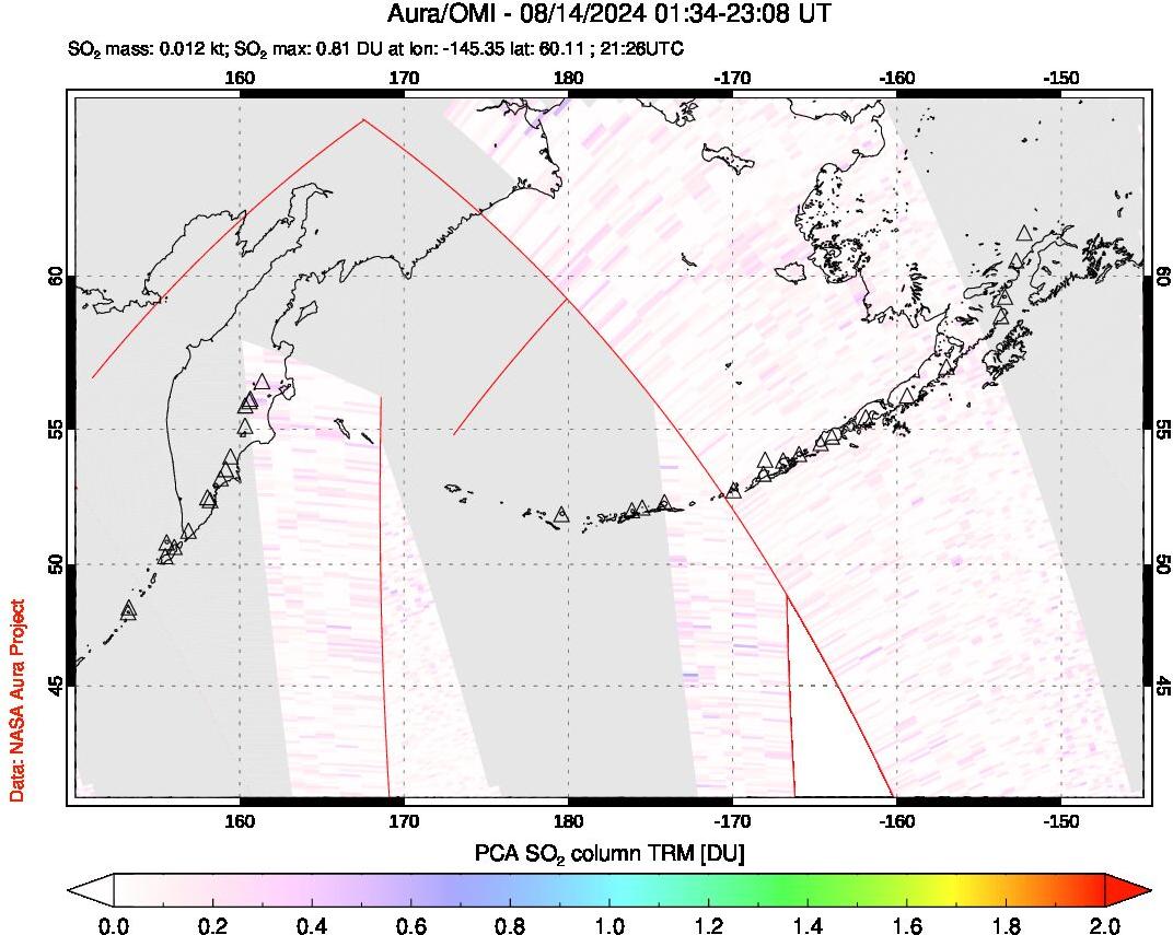 A sulfur dioxide image over North Pacific on Aug 14, 2024.