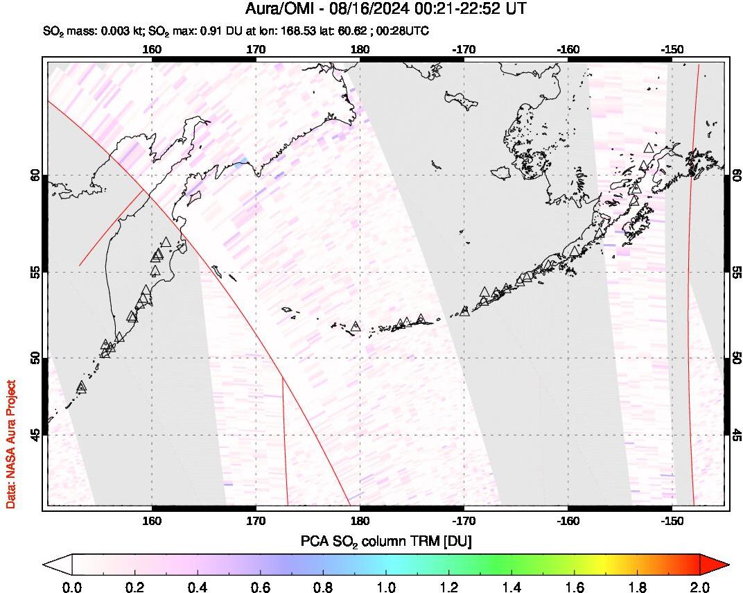 A sulfur dioxide image over North Pacific on Aug 16, 2024.