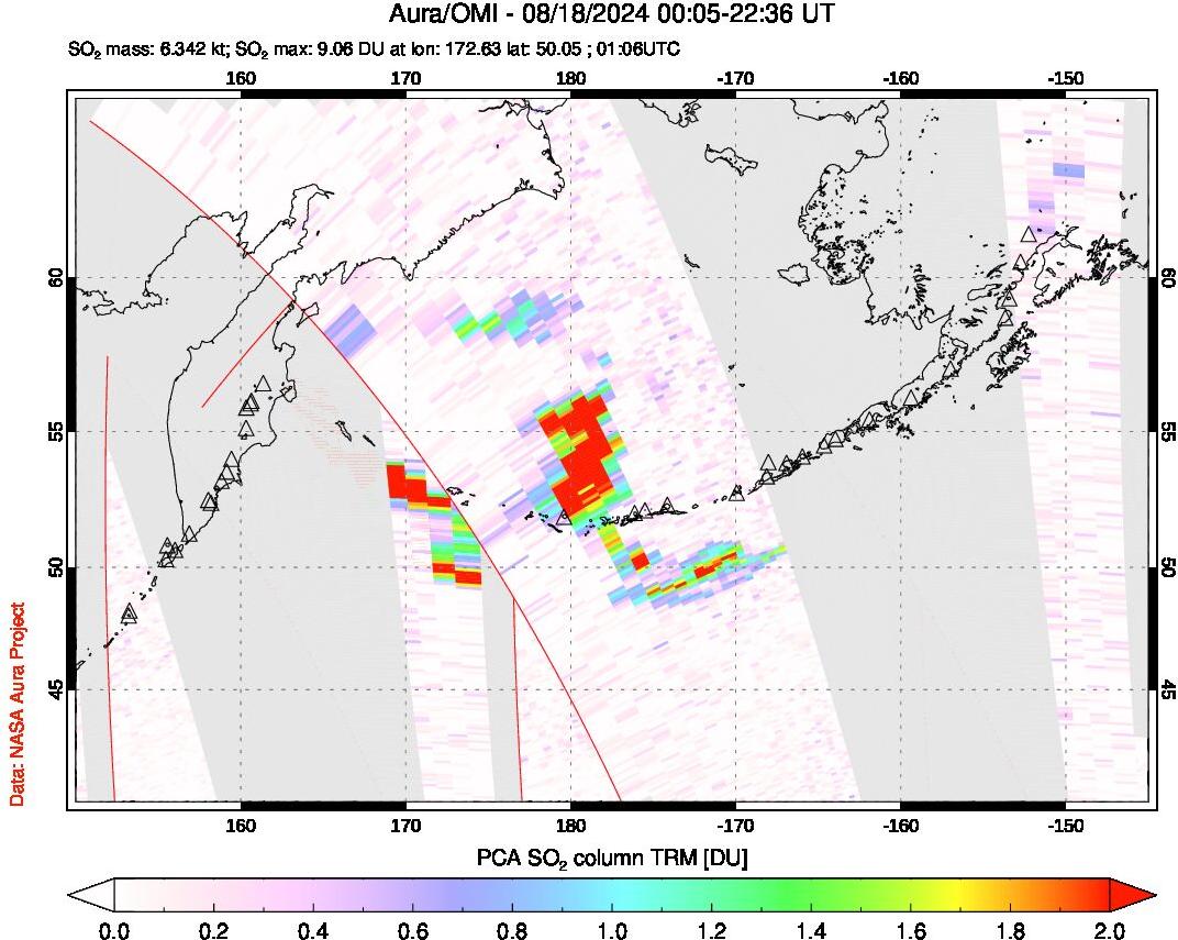 A sulfur dioxide image over North Pacific on Aug 18, 2024.