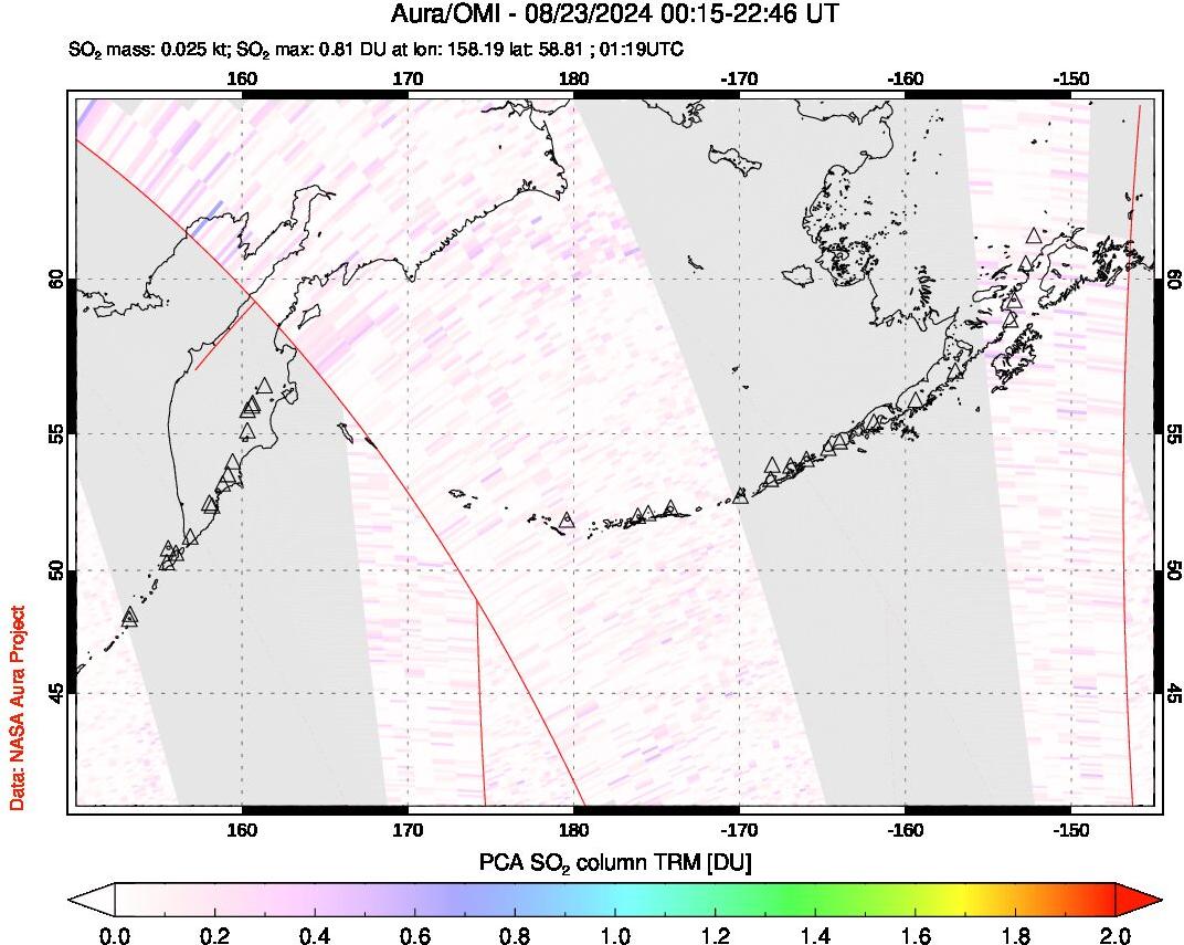 A sulfur dioxide image over North Pacific on Aug 23, 2024.