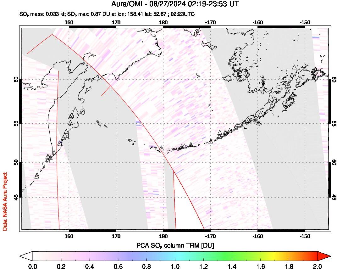 A sulfur dioxide image over North Pacific on Aug 27, 2024.