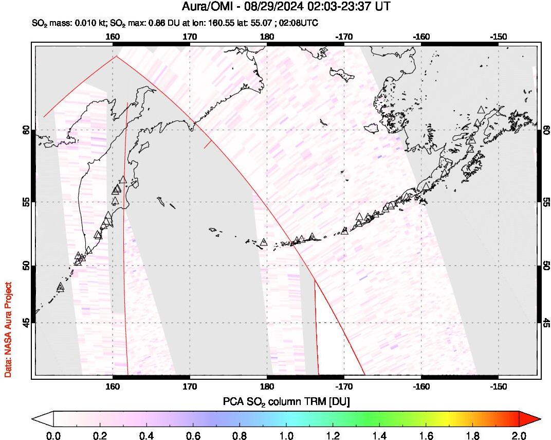 A sulfur dioxide image over North Pacific on Aug 29, 2024.