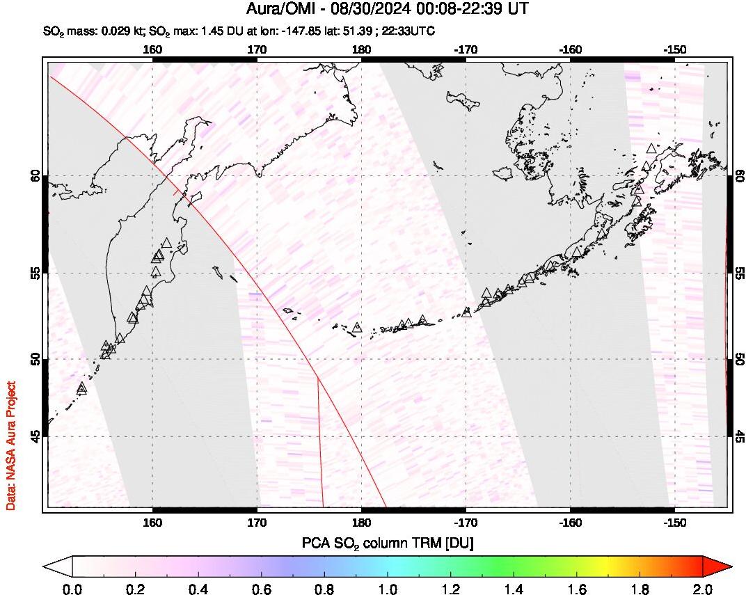 A sulfur dioxide image over North Pacific on Aug 30, 2024.