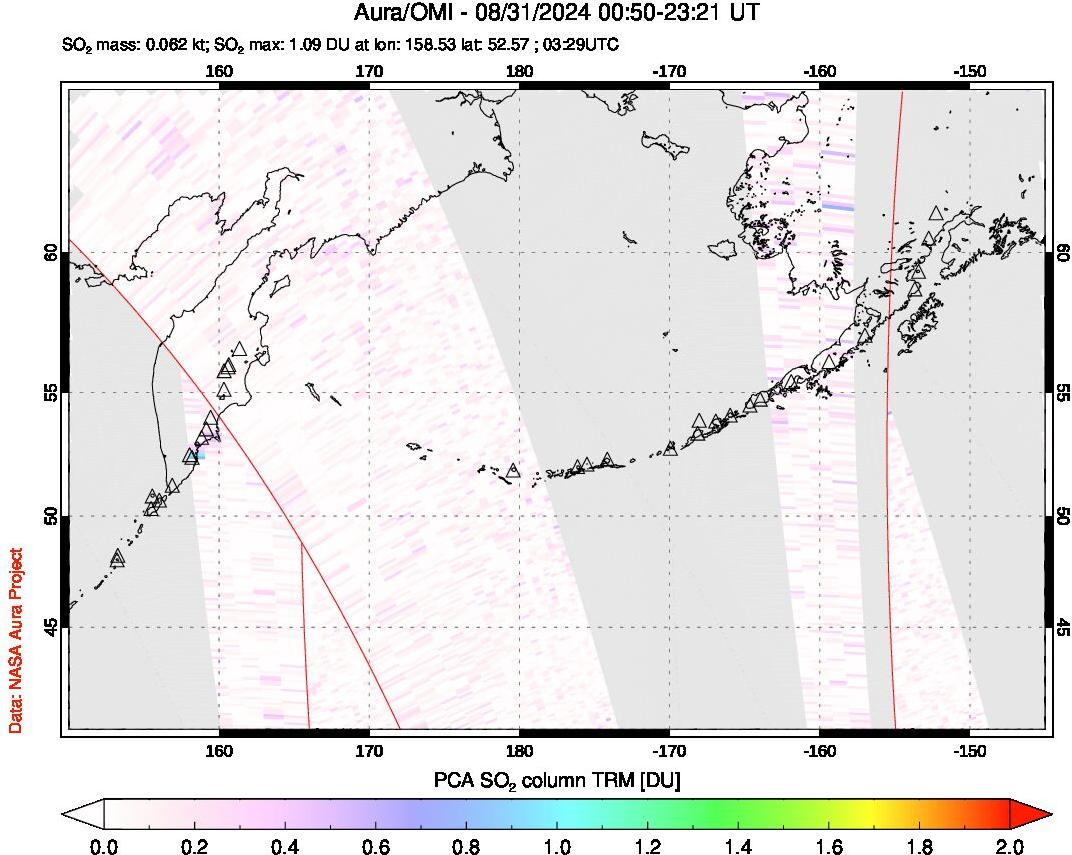 A sulfur dioxide image over North Pacific on Aug 31, 2024.