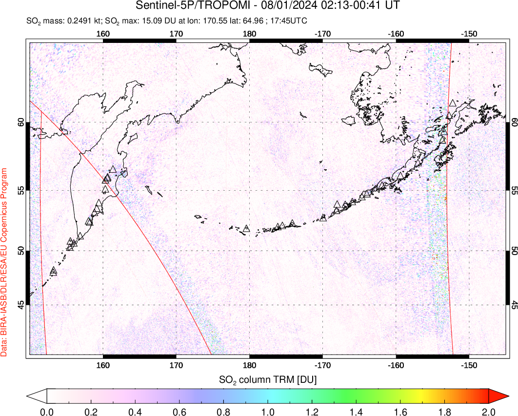 A sulfur dioxide image over North Pacific on Aug 01, 2024.