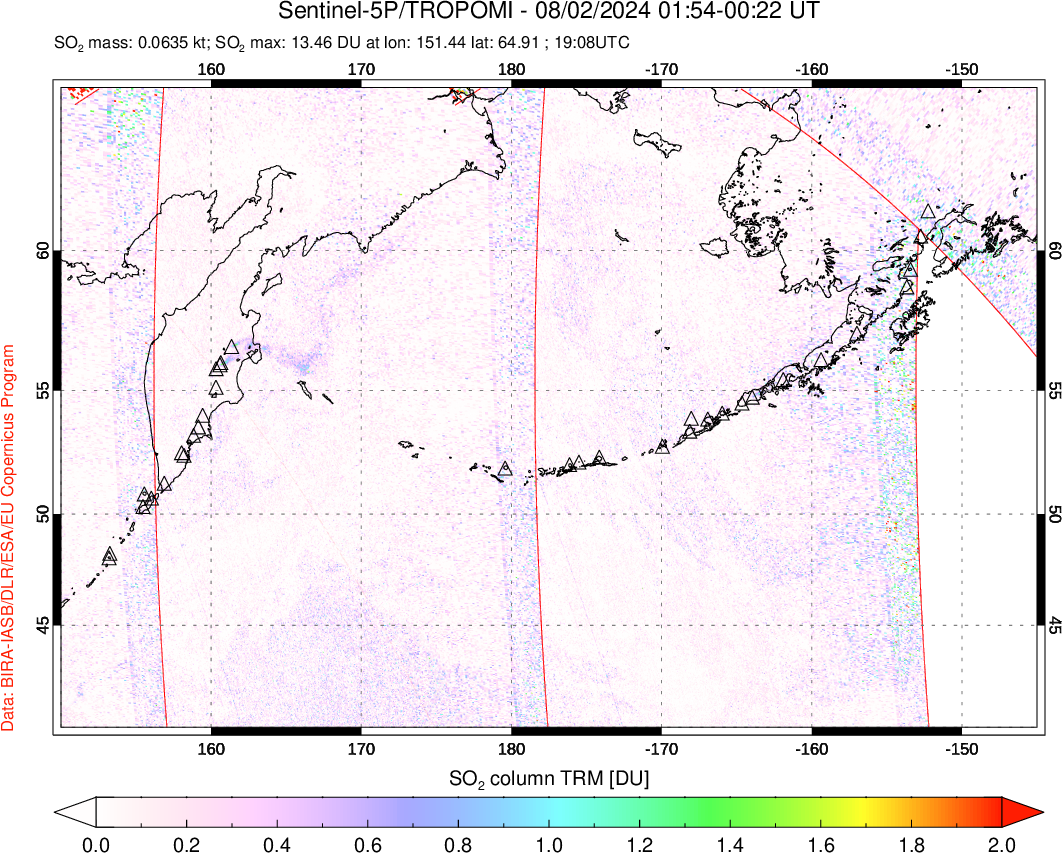 A sulfur dioxide image over North Pacific on Aug 02, 2024.