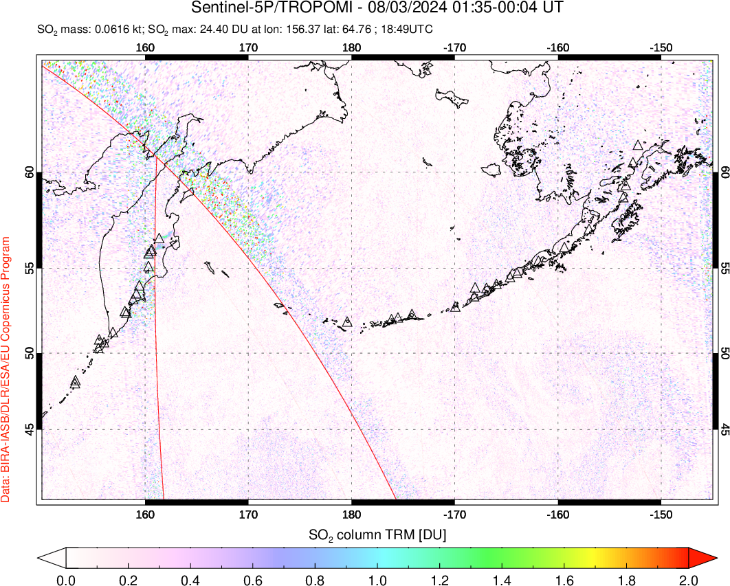 A sulfur dioxide image over North Pacific on Aug 03, 2024.