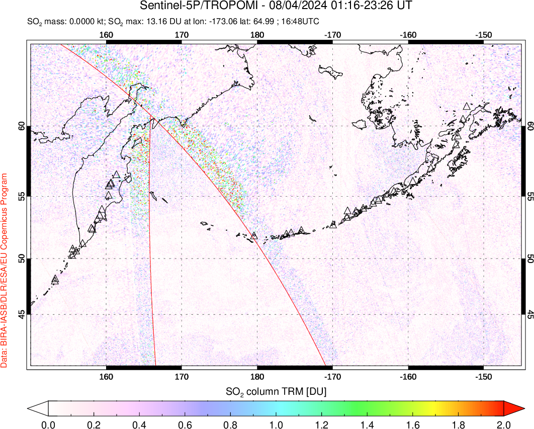 A sulfur dioxide image over North Pacific on Aug 04, 2024.