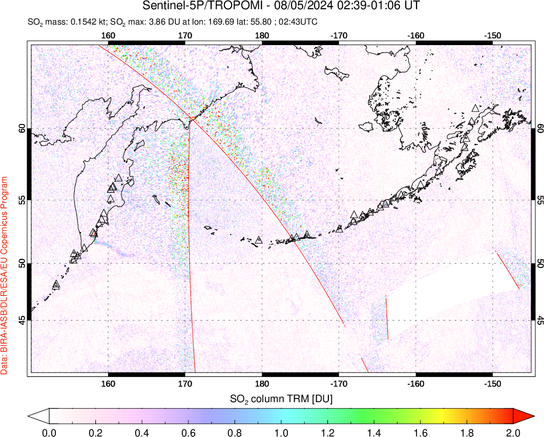 A sulfur dioxide image over North Pacific on Aug 05, 2024.