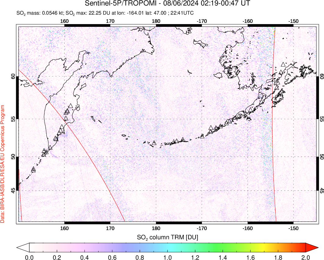 A sulfur dioxide image over North Pacific on Aug 06, 2024.