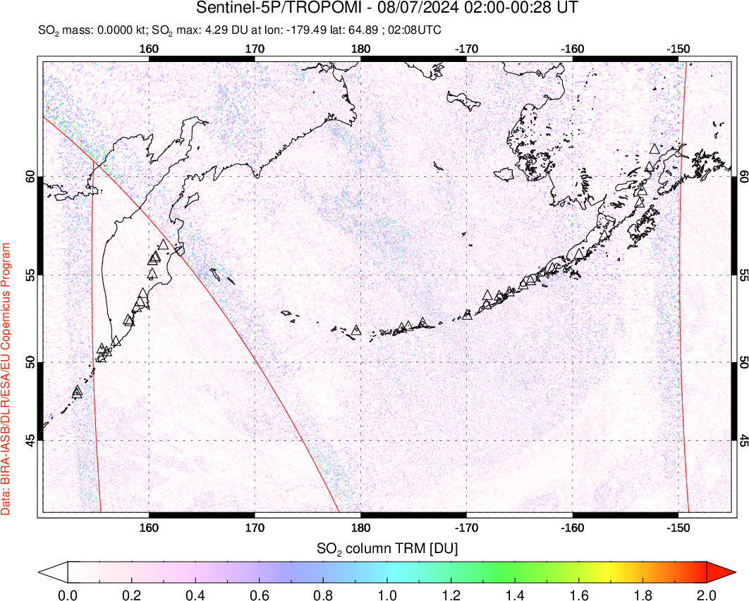 A sulfur dioxide image over North Pacific on Aug 07, 2024.