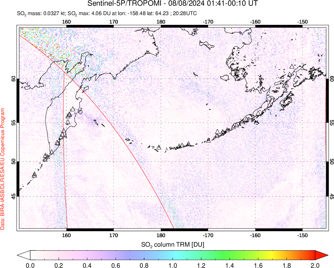 A sulfur dioxide image over North Pacific on Aug 08, 2024.