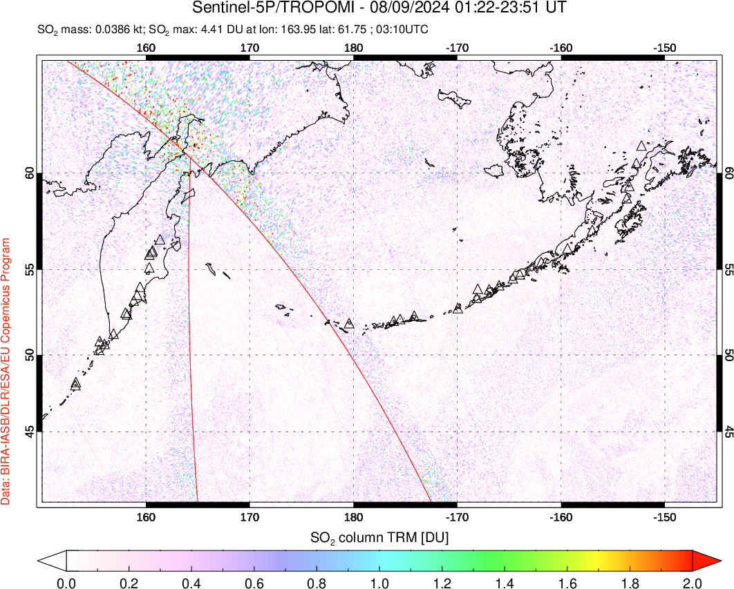 A sulfur dioxide image over North Pacific on Aug 09, 2024.