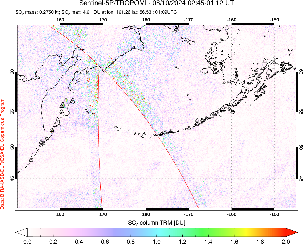 A sulfur dioxide image over North Pacific on Aug 10, 2024.