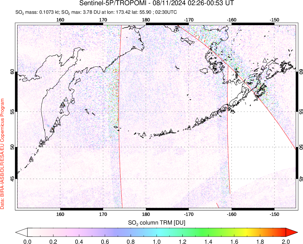 A sulfur dioxide image over North Pacific on Aug 11, 2024.