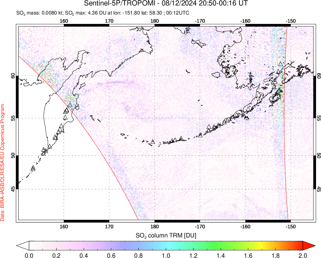 A sulfur dioxide image over North Pacific on Aug 12, 2024.