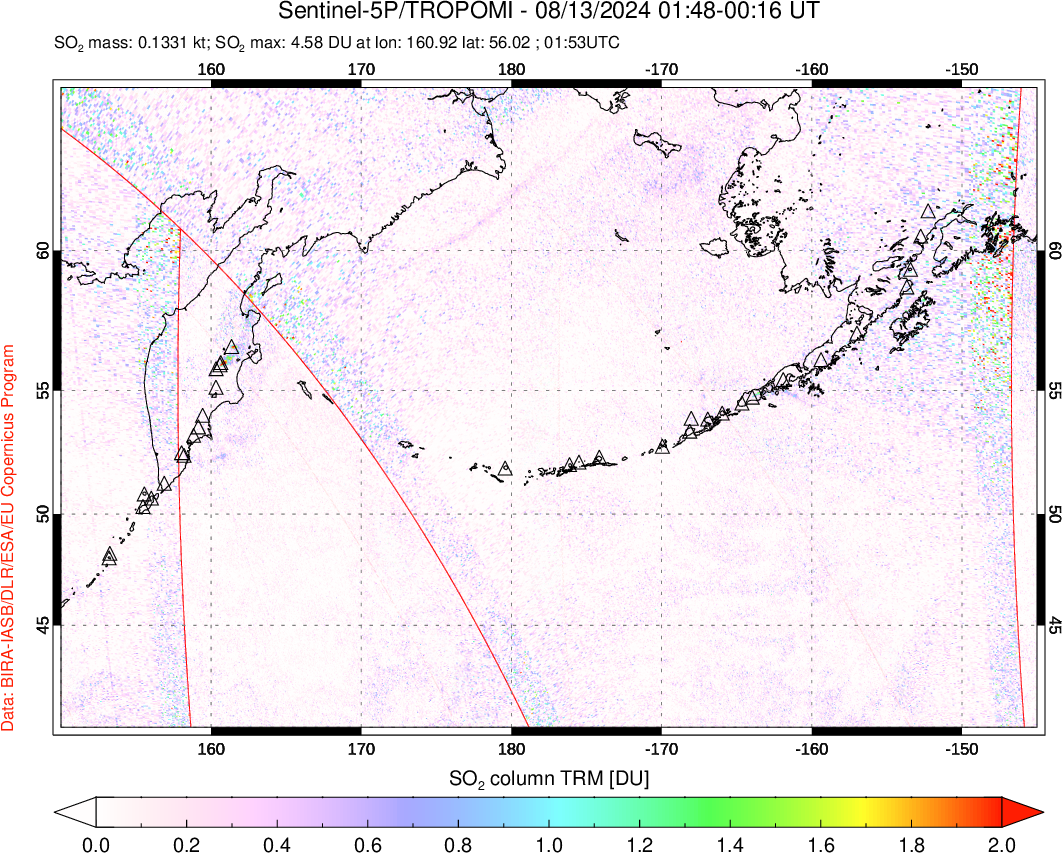 A sulfur dioxide image over North Pacific on Aug 13, 2024.