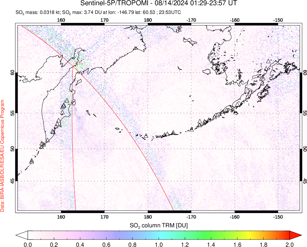 A sulfur dioxide image over North Pacific on Aug 14, 2024.