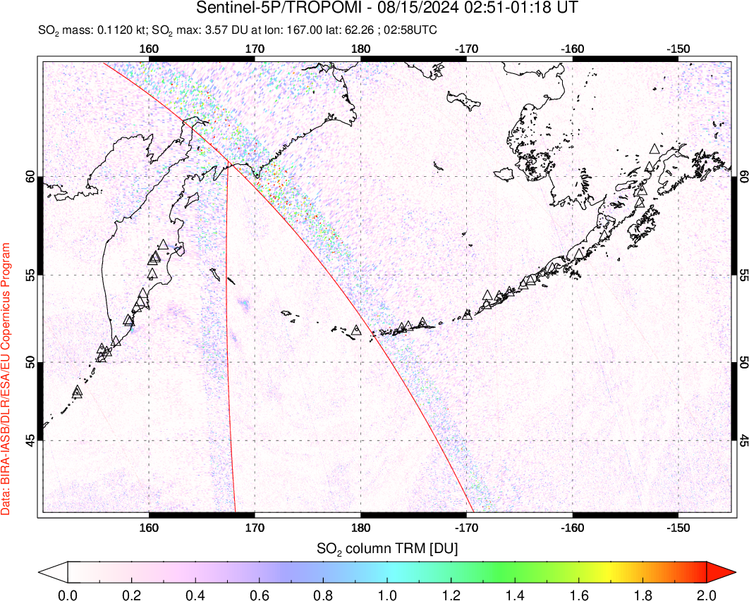 A sulfur dioxide image over North Pacific on Aug 15, 2024.