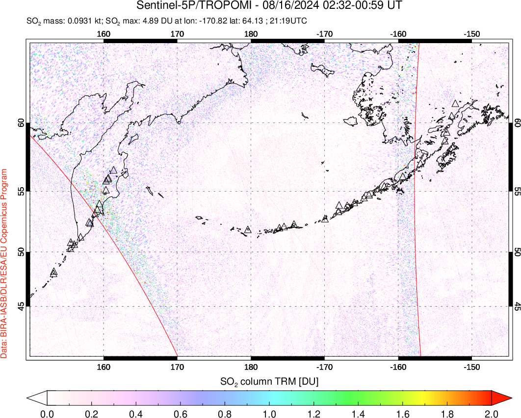 A sulfur dioxide image over North Pacific on Aug 16, 2024.