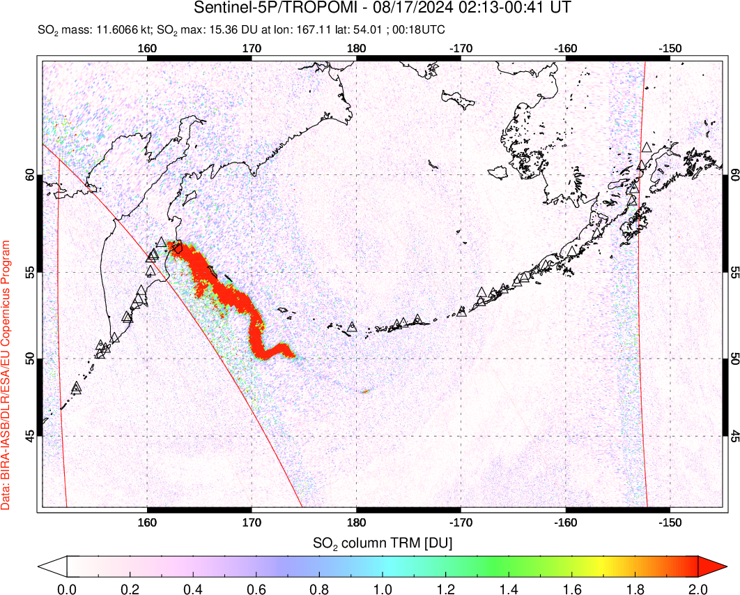 A sulfur dioxide image over North Pacific on Aug 17, 2024.