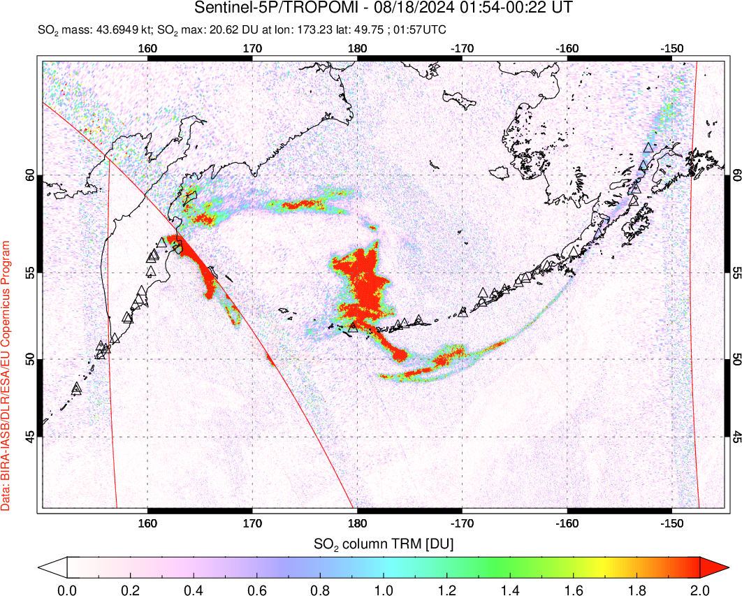 A sulfur dioxide image over North Pacific on Aug 18, 2024.