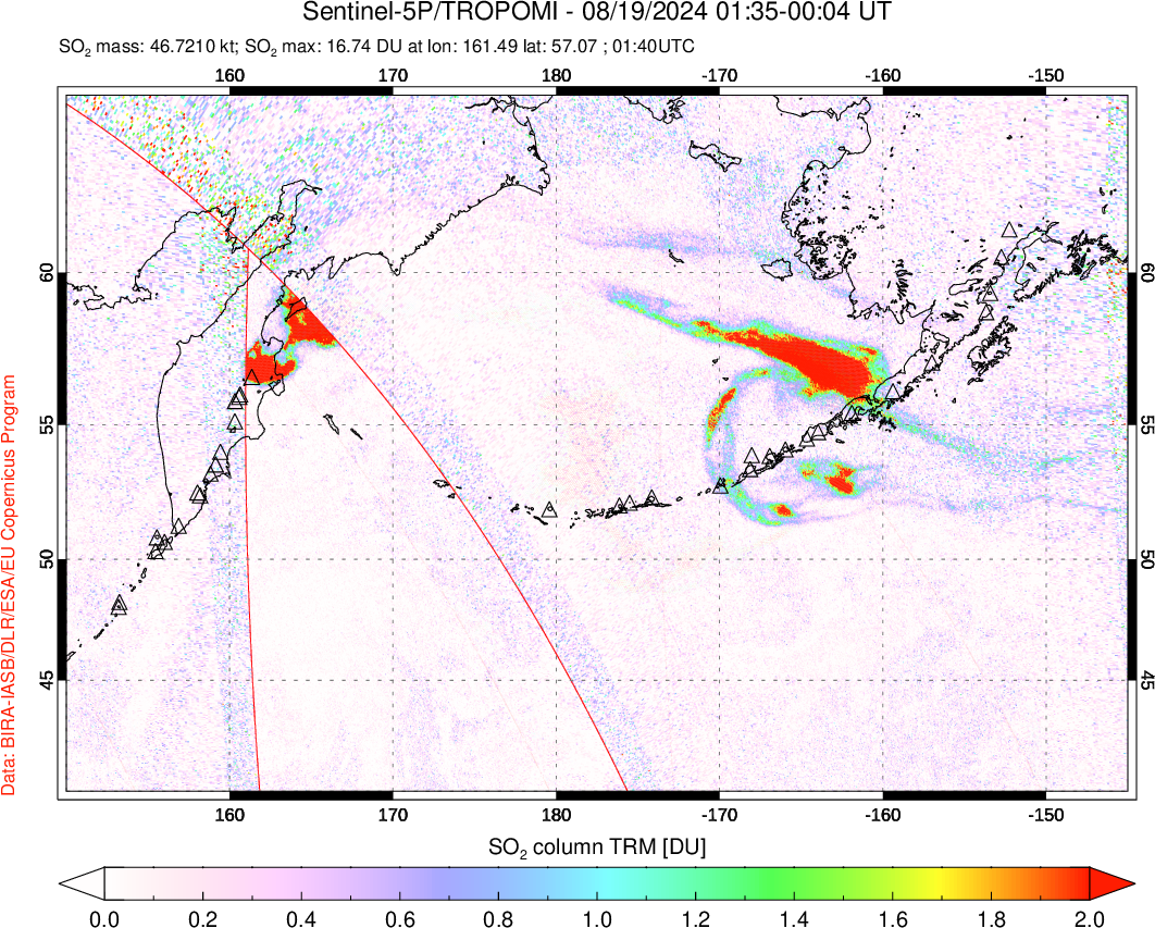 A sulfur dioxide image over North Pacific on Aug 19, 2024.