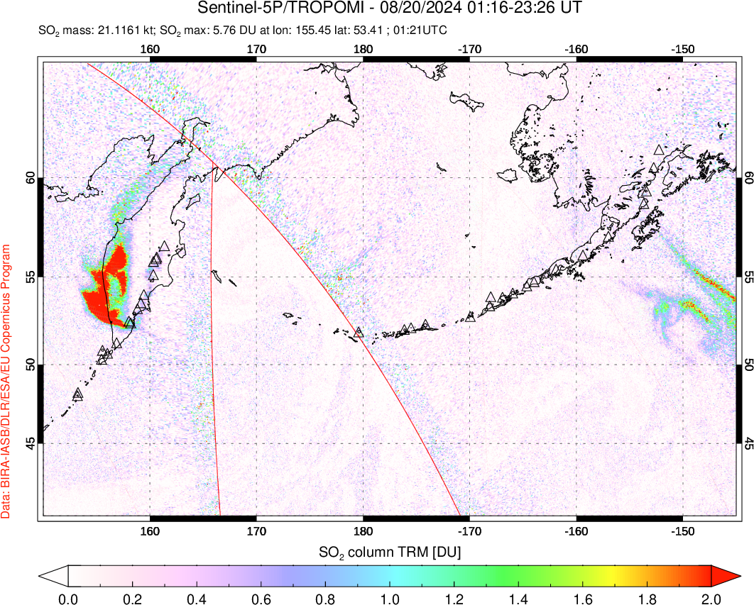 A sulfur dioxide image over North Pacific on Aug 20, 2024.