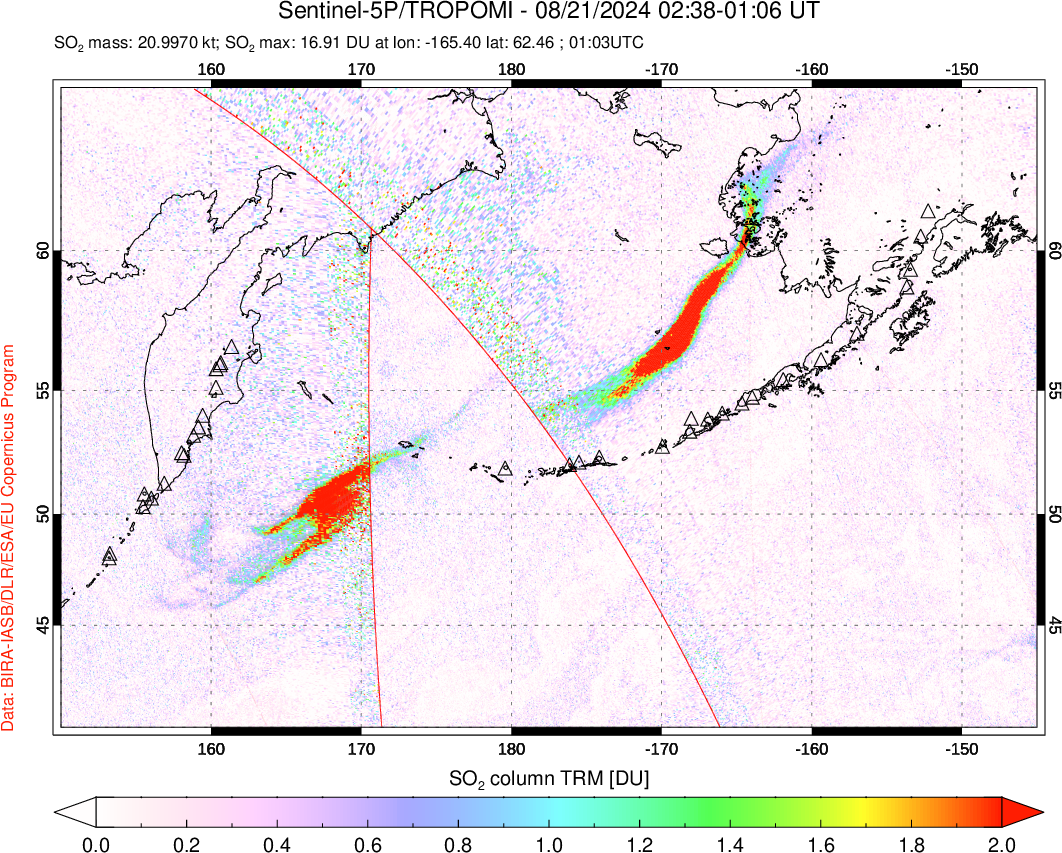 A sulfur dioxide image over North Pacific on Aug 21, 2024.