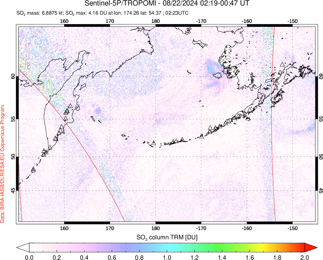 A sulfur dioxide image over North Pacific on Aug 22, 2024.