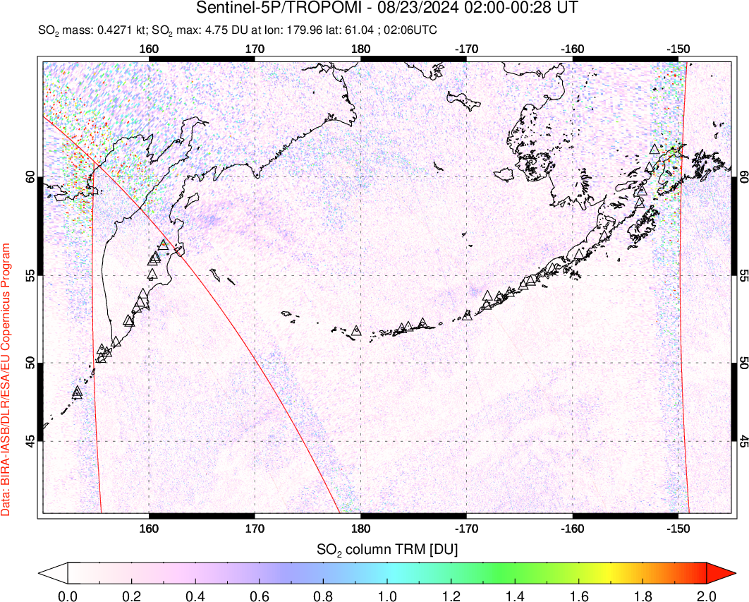 A sulfur dioxide image over North Pacific on Aug 23, 2024.