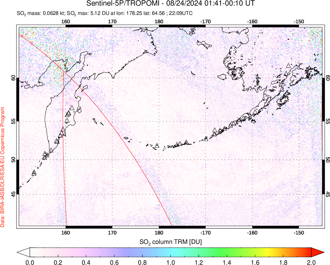 A sulfur dioxide image over North Pacific on Aug 24, 2024.