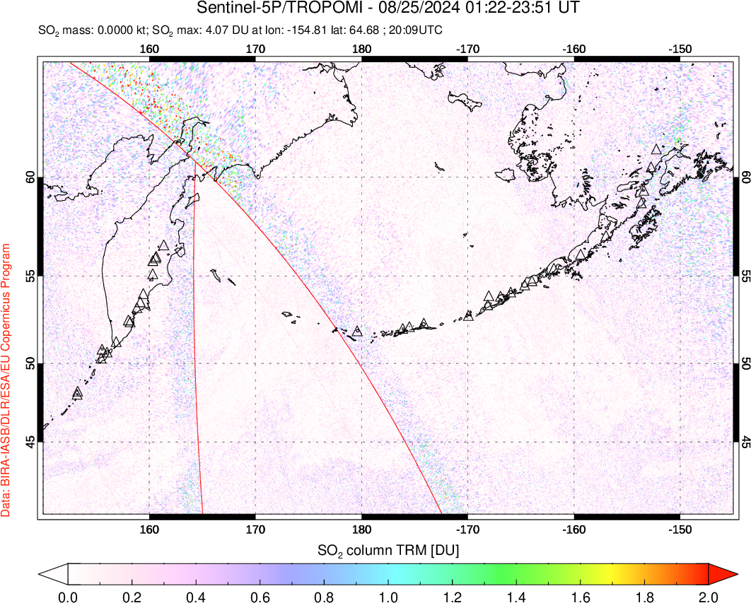 A sulfur dioxide image over North Pacific on Aug 25, 2024.