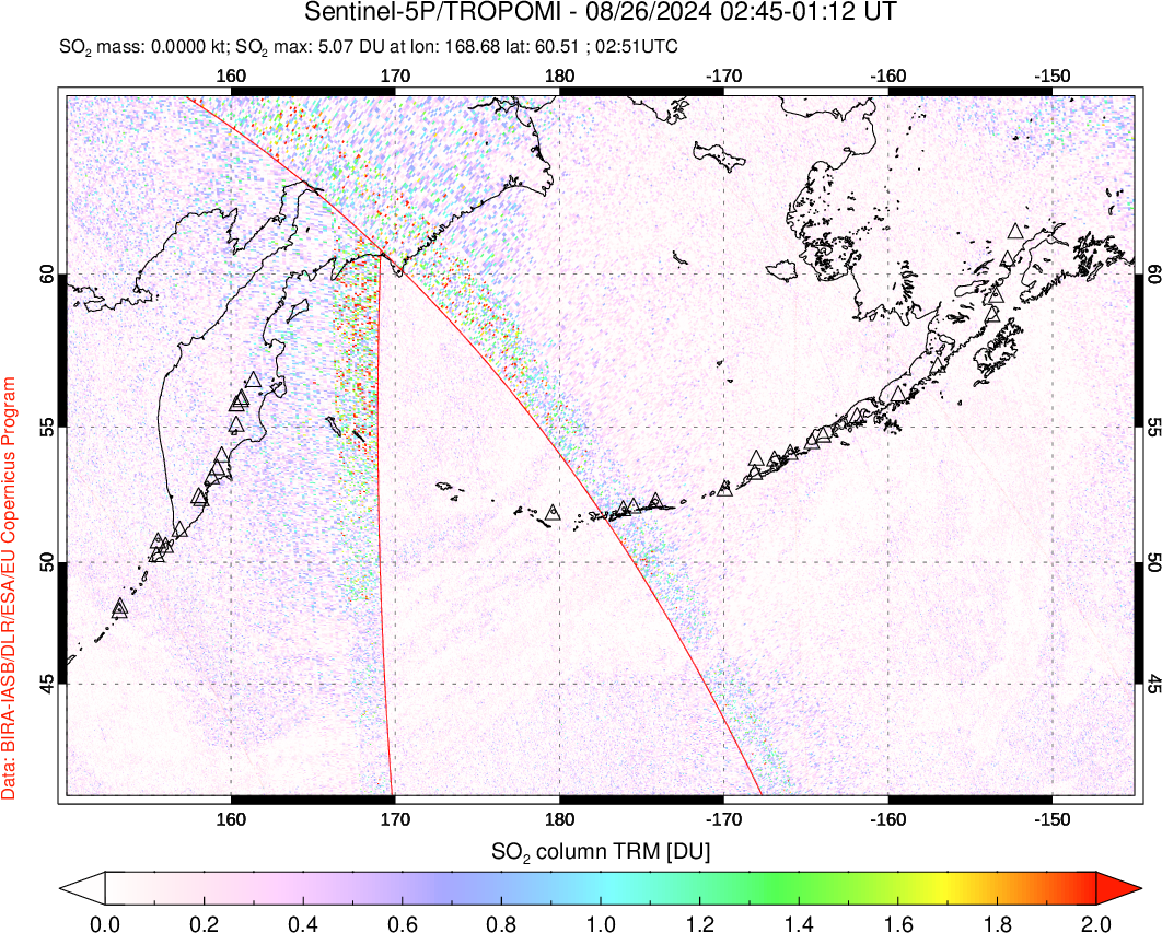 A sulfur dioxide image over North Pacific on Aug 26, 2024.