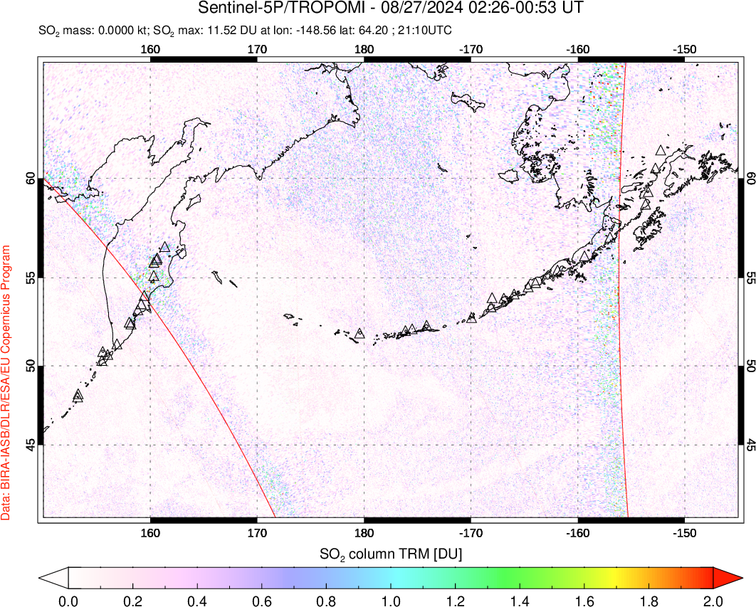 A sulfur dioxide image over North Pacific on Aug 27, 2024.