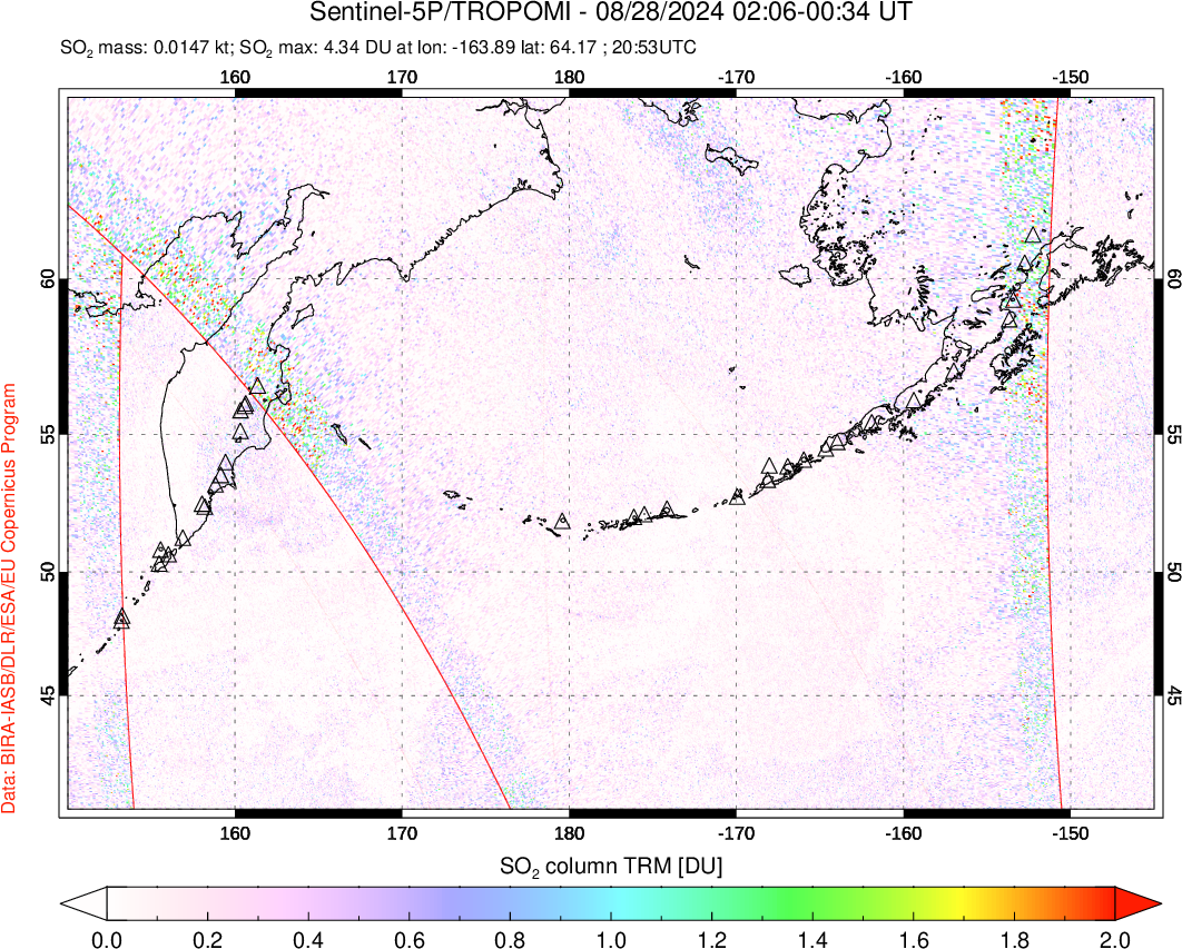 A sulfur dioxide image over North Pacific on Aug 28, 2024.