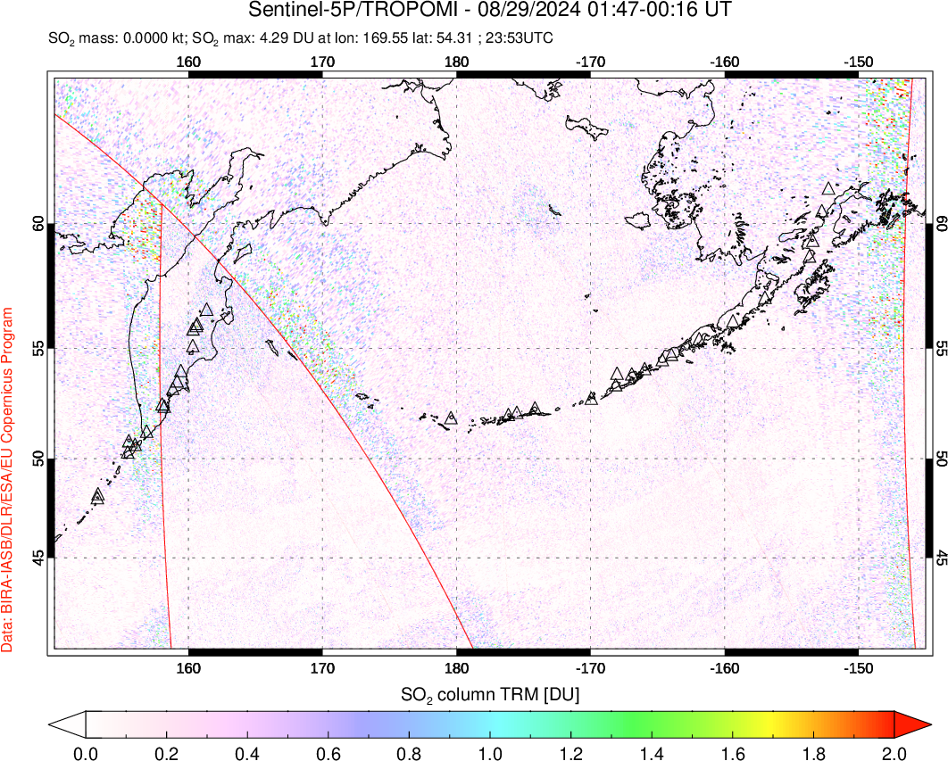 A sulfur dioxide image over North Pacific on Aug 29, 2024.