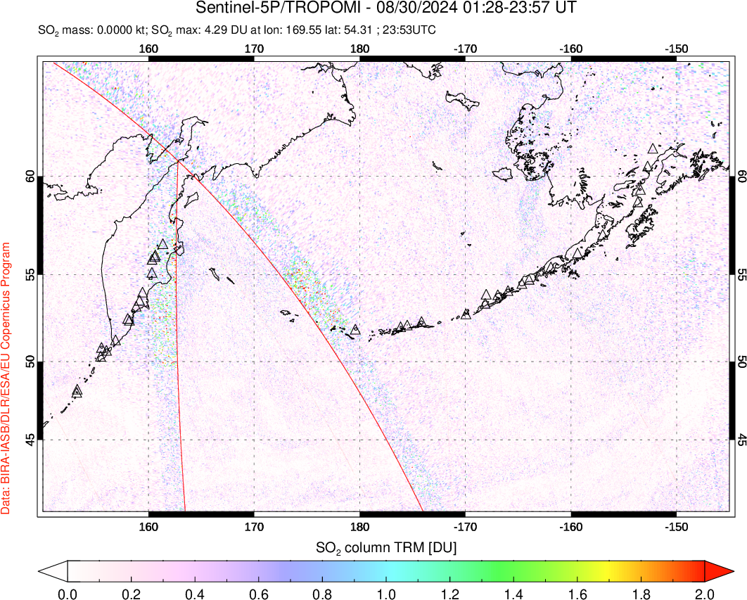 A sulfur dioxide image over North Pacific on Aug 30, 2024.