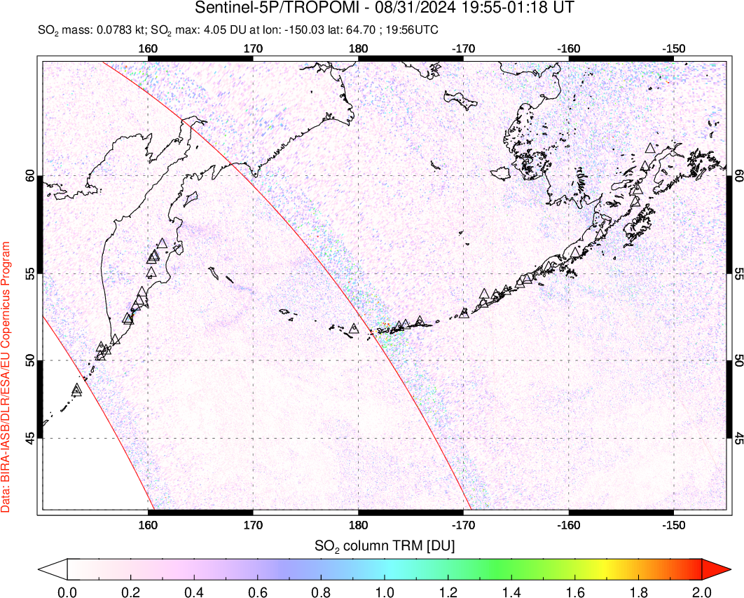 A sulfur dioxide image over North Pacific on Aug 31, 2024.